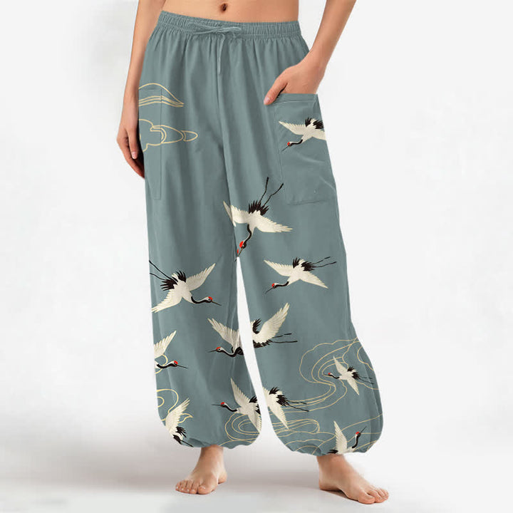 Buddha Stones Cotton Oriental White Crane Cloud Pattern Women's Elastic Waist Harem Pants With Side Pockets - CadetBlue - US16，UK/AU20，EU48 (3XL) - image 0