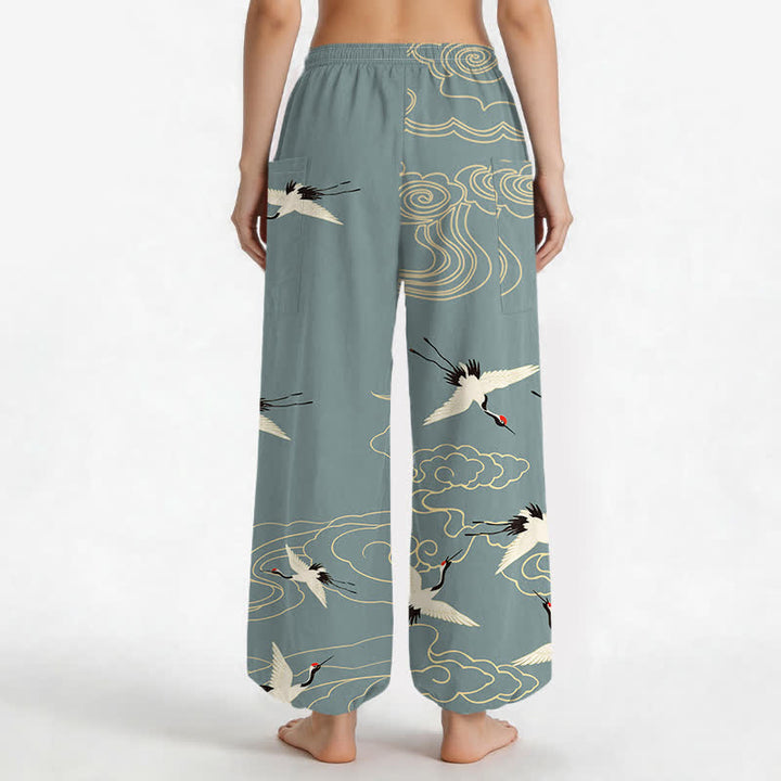 Buddha Stones Cotton Oriental White Crane Cloud Pattern Women's Elastic Waist Harem Pants With Side Pockets - image 2