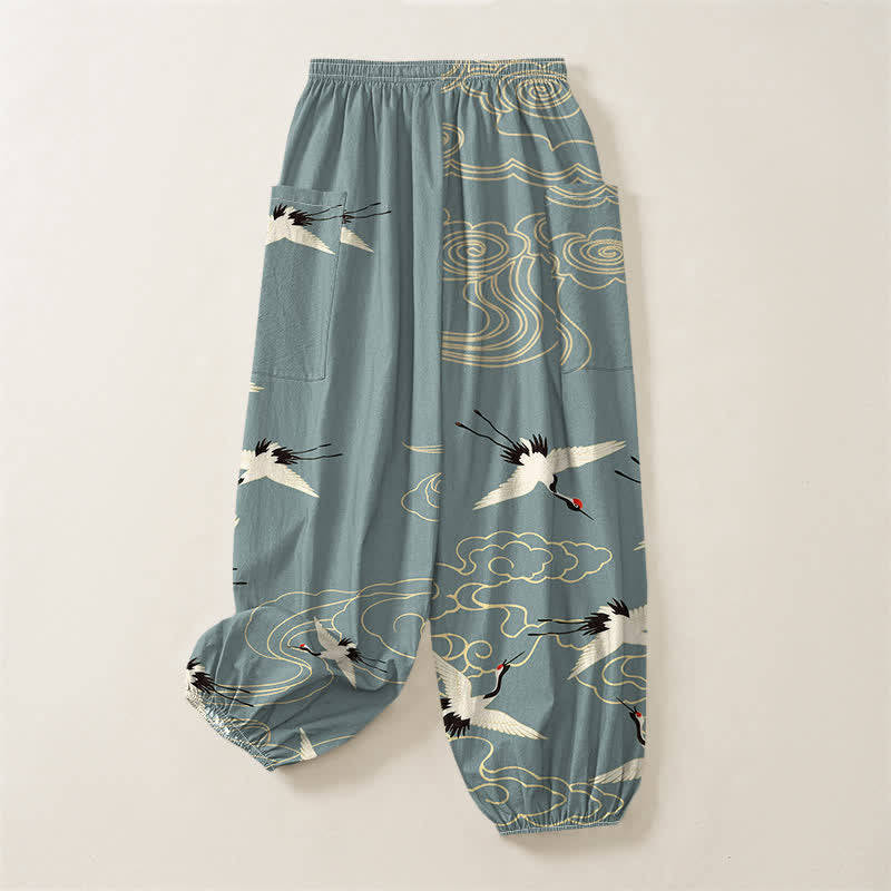 Buddha Stones Cotton Oriental White Crane Cloud Pattern Women's Elastic Waist Harem Pants With Side Pockets - image 4