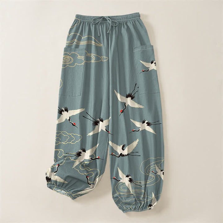 Buddha Stones Cotton Oriental White Crane Cloud Pattern Women's Elastic Waist Harem Pants With Side Pockets - image 3