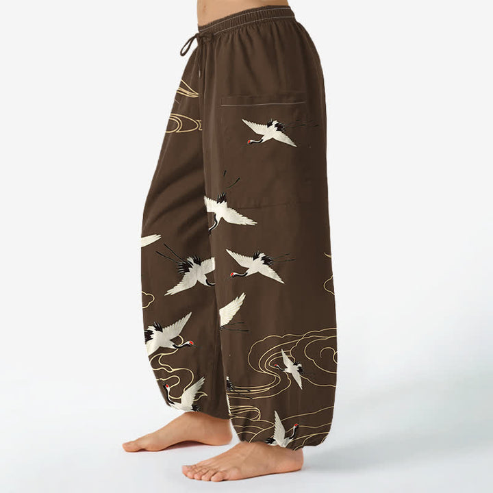 Buddha Stones Cotton Oriental White Crane Cloud Pattern Women's Elastic Waist Harem Pants With Side Pockets - image 8