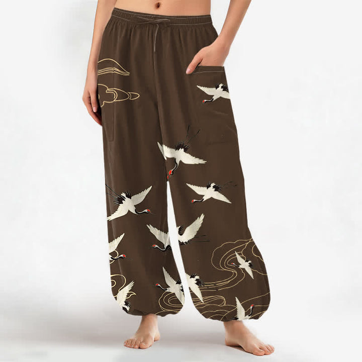 Buddha Stones Cotton Oriental White Crane Cloud Pattern Women's Elastic Waist Harem Pants With Side Pockets - SaddleBrown - US16，UK/AU20，EU48 (3XL) - image 7