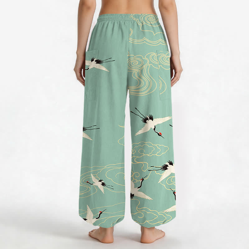 Buddha Stones Cotton Oriental White Crane Cloud Pattern Women's Elastic Waist Harem Pants With Side Pockets - image 12