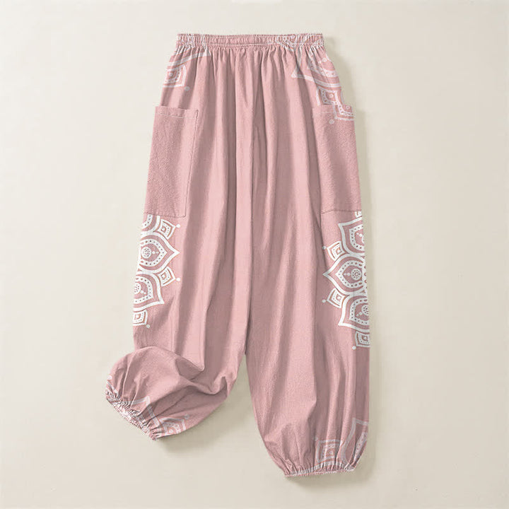 Buddha Stones Cotton Boho White Mandala Pattern Women's Elastic Waist Harem Pants With Side Pockets - image 4