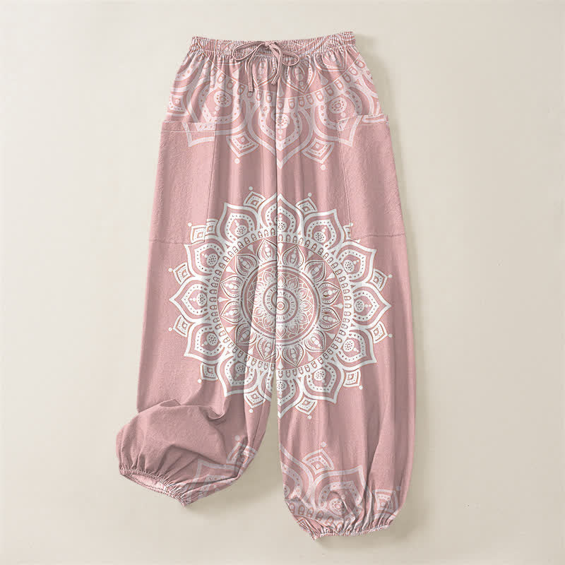 Buddha Stones Cotton Boho White Mandala Pattern Women's Elastic Waist Harem Pants With Side Pockets - image 3