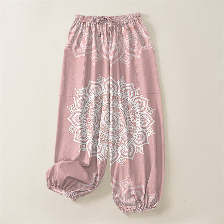 Buddha Stones Cotton Boho White Mandala Pattern Women's Elastic Waist Harem Pants With Side Pockets - image 3