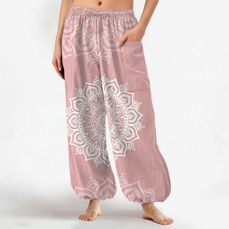 Buddha Stones Cotton Boho White Mandala Pattern Women's Elastic Waist Harem Pants With Side Pockets - LightPink - US16，UK/AU20，EU48 (3XL) - image 0