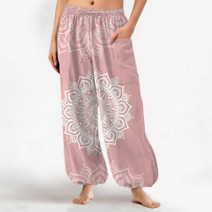 Buddha Stones Cotton Boho White Mandala Pattern Women's Elastic Waist Harem Pants With Side Pockets - LightPink - US16，UK/AU20，EU48 (3XL) - image 0