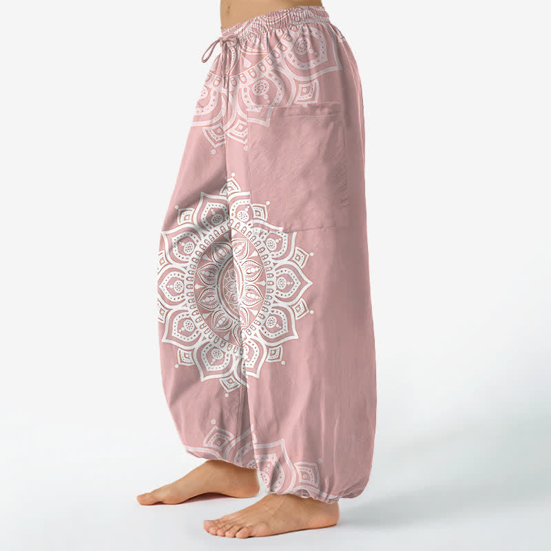 Buddha Stones Cotton Boho White Mandala Pattern Women's Elastic Waist Harem Pants With Side Pockets - image 1