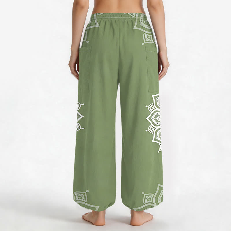 Buddha Stones Cotton Boho White Mandala Pattern Women's Elastic Waist Harem Pants With Side Pockets - image 9