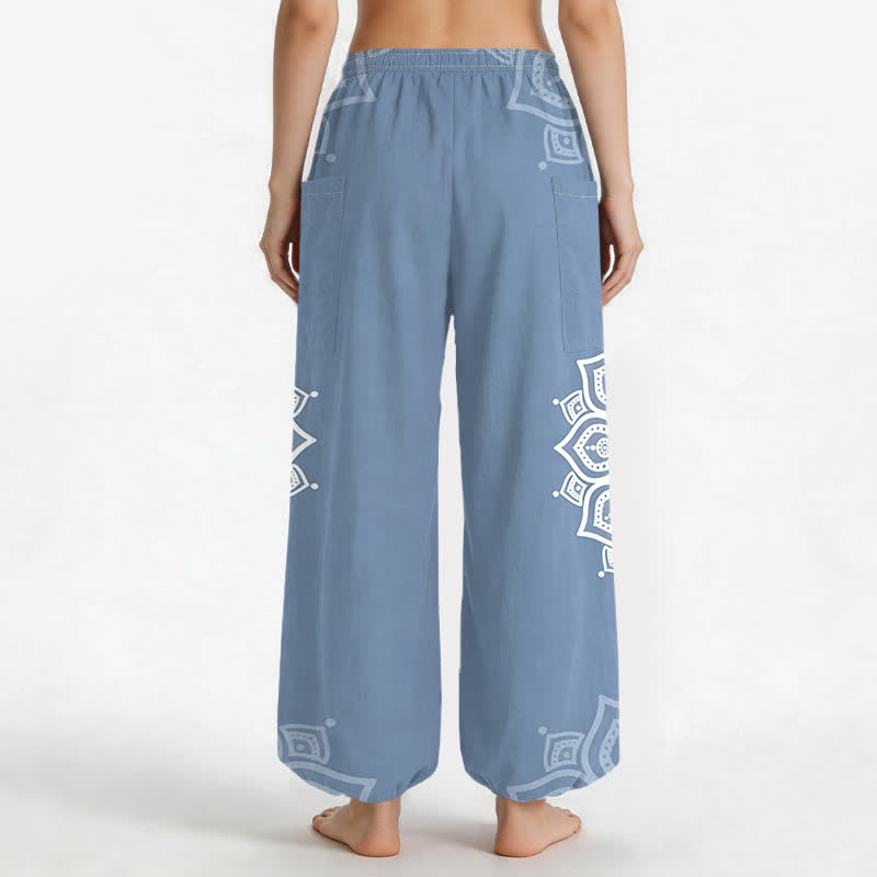 Buddha Stones Cotton Boho White Mandala Pattern Women's Elastic Waist Harem Pants With Side Pockets - image 12