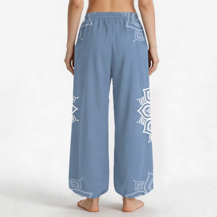 Buddha Stones Cotton Boho White Mandala Pattern Women's Elastic Waist Harem Pants With Side Pockets - image 12