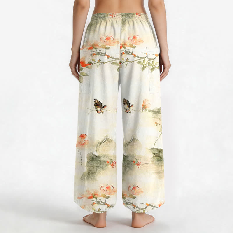 Buddha Stones Cotton Watercolor Floral Butterfly Pattern Women's Elastic Waist Harem Pants With Side Pockets - image 2