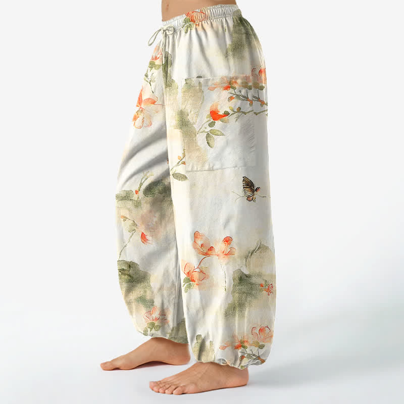 Buddha Stones Cotton Watercolor Floral Butterfly Pattern Women's Elastic Waist Harem Pants With Side Pockets - image 1
