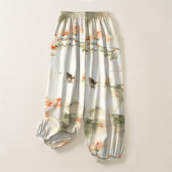 Buddha Stones Cotton Watercolor Floral Butterfly Pattern Women's Elastic Waist Harem Pants With Side Pockets - image 4