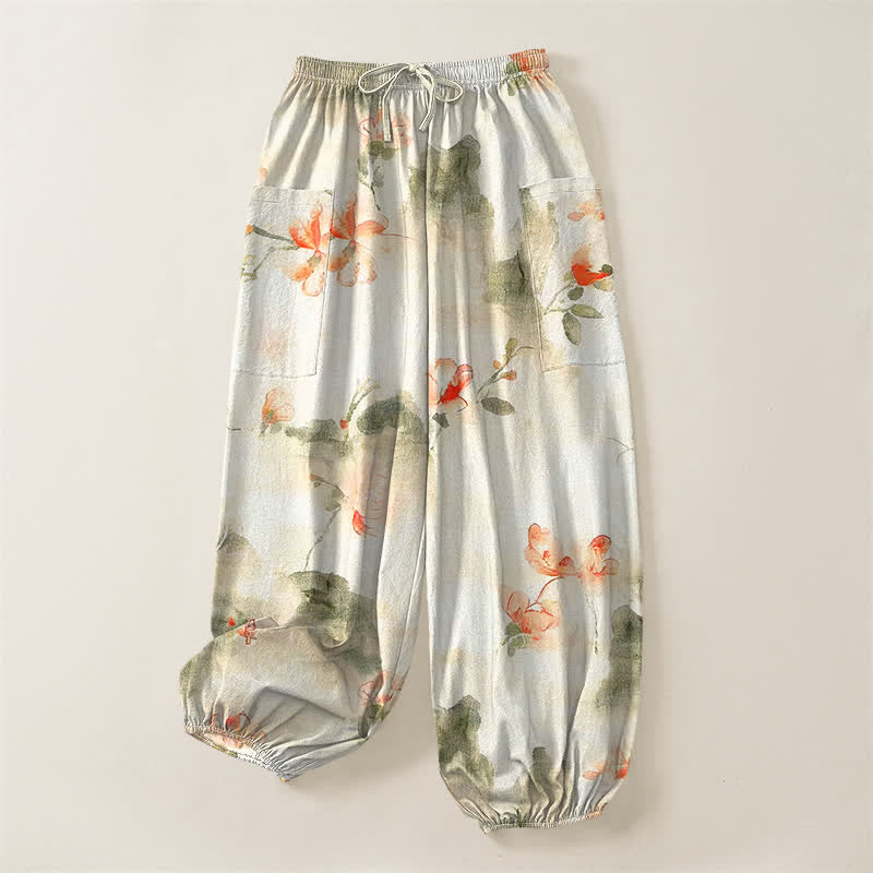 Buddha Stones Cotton Watercolor Floral Butterfly Pattern Women's Elastic Waist Harem Pants With Side Pockets - image 3