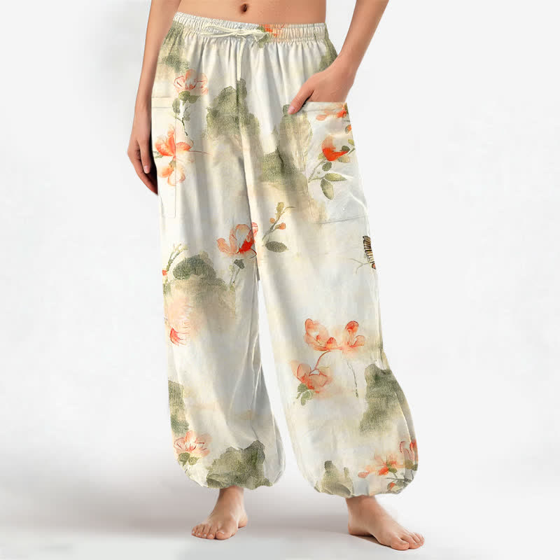 Buddha Stones Cotton Watercolor Floral Butterfly Pattern Women's Elastic Waist Harem Pants With Side Pockets - Ivory - US16，UK/AU20，EU48 (3XL) - image 0