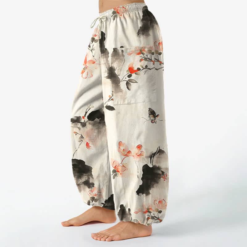 Buddha Stones Cotton Watercolor Floral Butterfly Pattern Women's Elastic Waist Harem Pants With Side Pockets - image 8