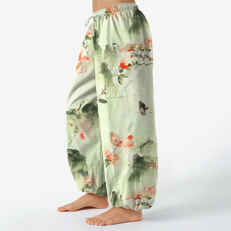 Buddha Stones Cotton Watercolor Floral Butterfly Pattern Women's Elastic Waist Harem Pants With Side Pockets - image 11
