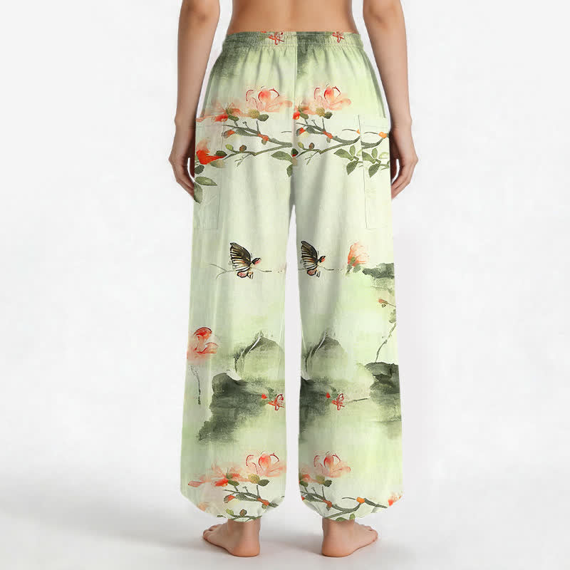 Buddha Stones Cotton Watercolor Floral Butterfly Pattern Women's Elastic Waist Harem Pants With Side Pockets - image 12