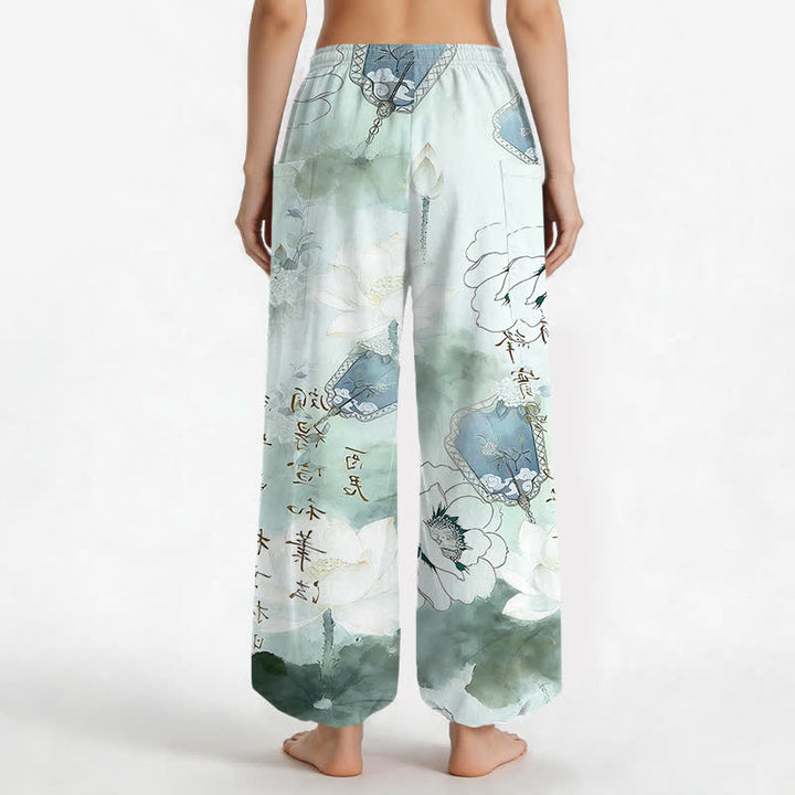 Buddha Stones Cotton Lotus Ink Wash Pattern Women's Elastic Waist Harem Pants With Side Pockets - image 2
