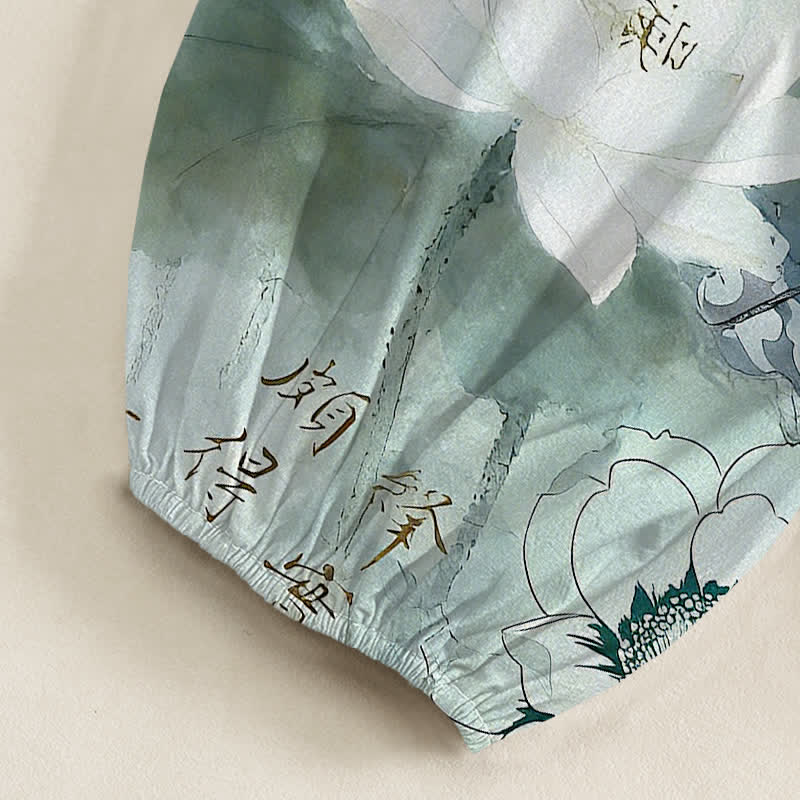 Buddha Stones Cotton Lotus Ink Wash Pattern Women's Elastic Waist Harem Pants With Side Pockets - image 6