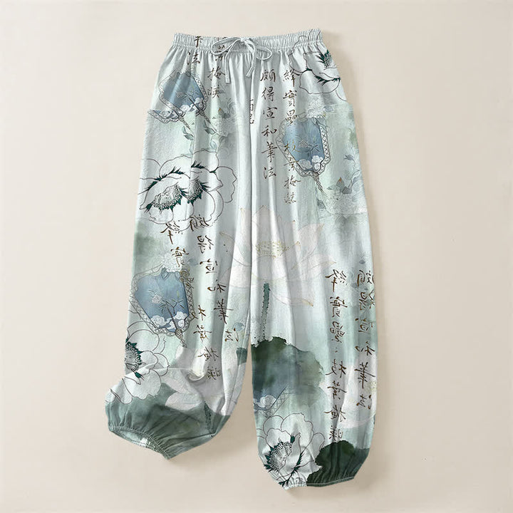 Buddha Stones Cotton Lotus Ink Wash Pattern Women's Elastic Waist Harem Pants With Side Pockets - image 3