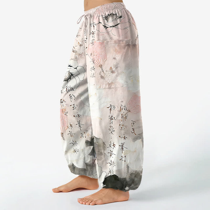Buddha Stones Cotton Lotus Ink Wash Pattern Women's Elastic Waist Harem Pants With Side Pockets - image 8