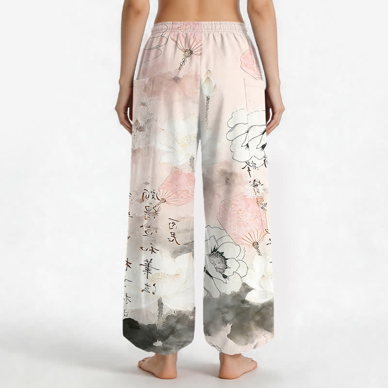Buddha Stones Cotton Lotus Ink Wash Pattern Women's Elastic Waist Harem Pants With Side Pockets - image 9