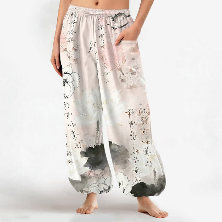 Buddha Stones Cotton Lotus Ink Wash Pattern Women's Elastic Waist Harem Pants With Side Pockets - LavenderBlush - US16，UK/AU20，EU48 (3XL) - image 7