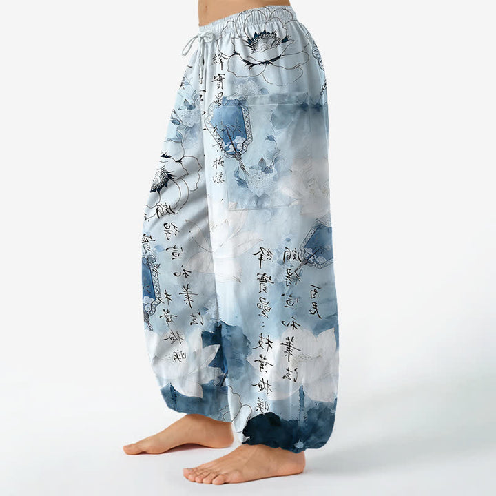 Buddha Stones Cotton Lotus Ink Wash Pattern Women's Elastic Waist Harem Pants With Side Pockets - image 11