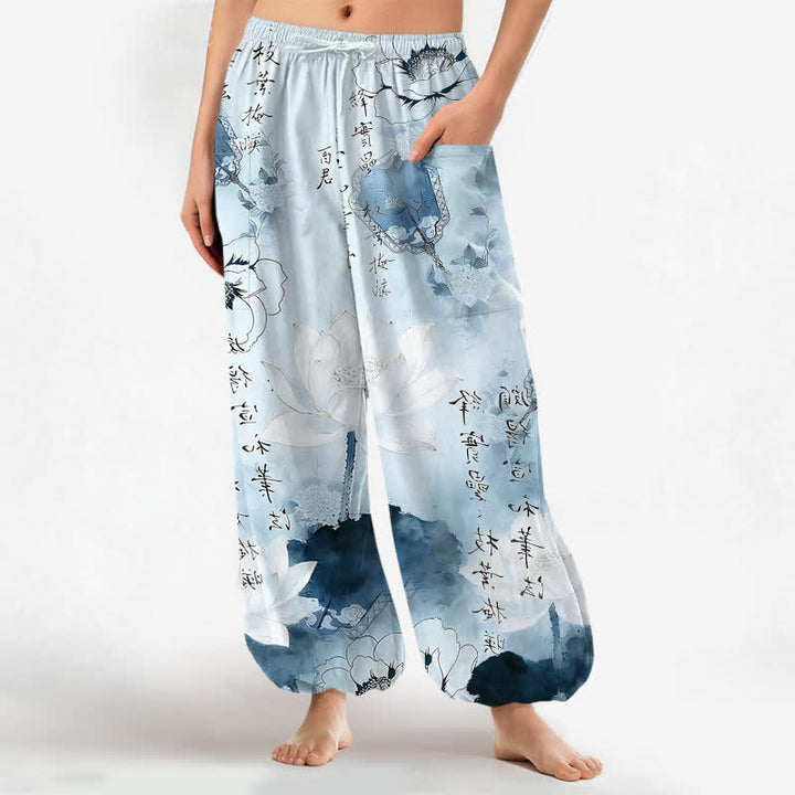 Buddha Stones Cotton Lotus Ink Wash Pattern Women's Elastic Waist Harem Pants With Side Pockets - PowderBlue - US16，UK/AU20，EU48 (3XL) - image 10