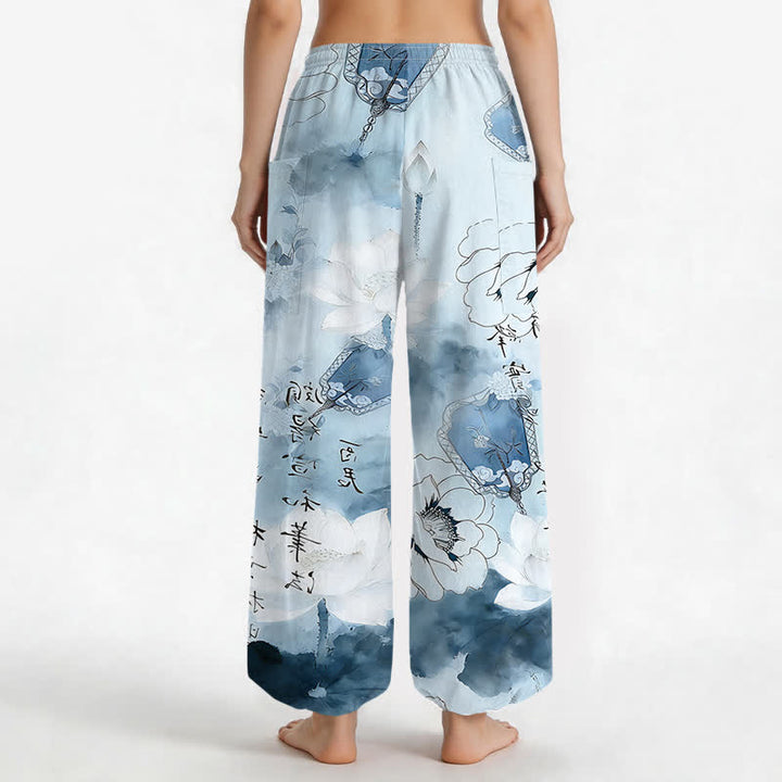 Buddha Stones Cotton Lotus Ink Wash Pattern Women's Elastic Waist Harem Pants With Side Pockets - image 12