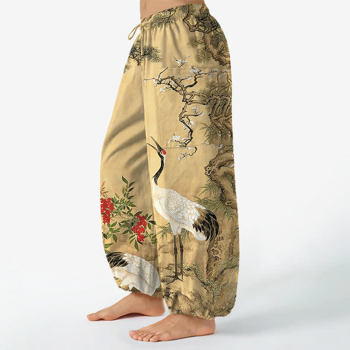 Buddha Stones Cotton Oriental Crane Pine Blossom Pattern Women's Elastic Waist Harem Pants With Side Pockets - image 1