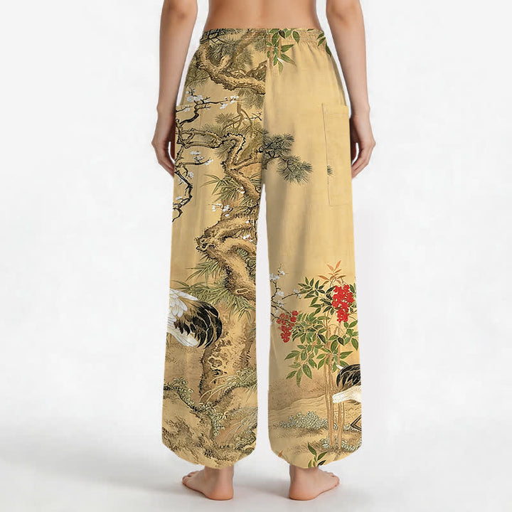 Buddha Stones Cotton Oriental Crane Pine Blossom Pattern Women's Elastic Waist Harem Pants With Side Pockets - image 2