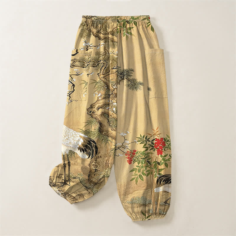 Buddha Stones Cotton Oriental Crane Pine Blossom Pattern Women's Elastic Waist Harem Pants With Side Pockets - image 4