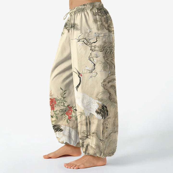 Buddha Stones Cotton Oriental Crane Pine Blossom Pattern Women's Elastic Waist Harem Pants With Side Pockets - image 8