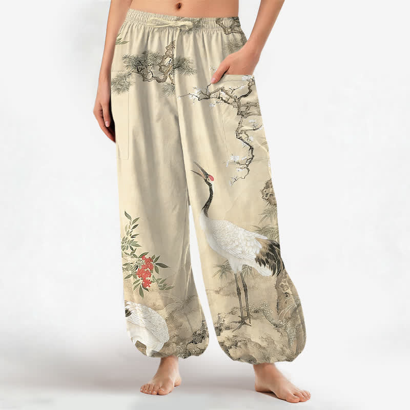 Buddha Stones Cotton Oriental Crane Pine Blossom Pattern Women's Elastic Waist Harem Pants With Side Pockets - Beige - US16，UK/AU20，EU48 (3XL) - image 7