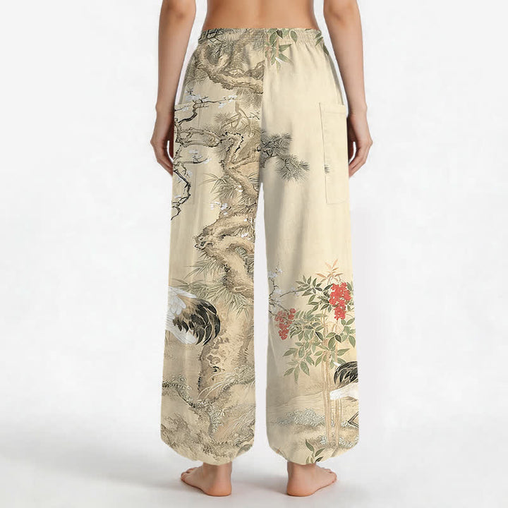 Buddha Stones Cotton Oriental Crane Pine Blossom Pattern Women's Elastic Waist Harem Pants With Side Pockets - image 9