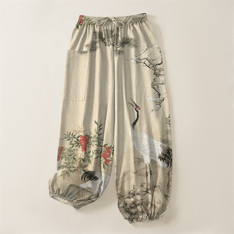 Buddha Stones Cotton Oriental Crane Pine Blossom Pattern Women's Elastic Waist Harem Pants With Side Pockets - image 10