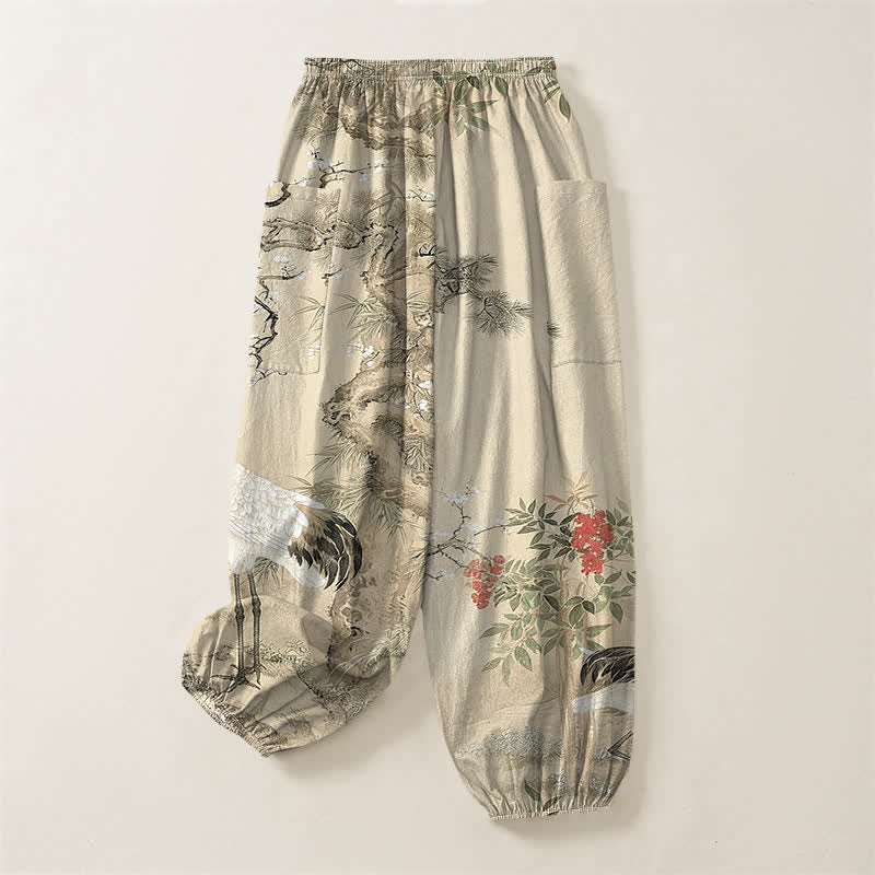 Buddha Stones Cotton Oriental Crane Pine Blossom Pattern Women's Elastic Waist Harem Pants With Side Pockets - image 11