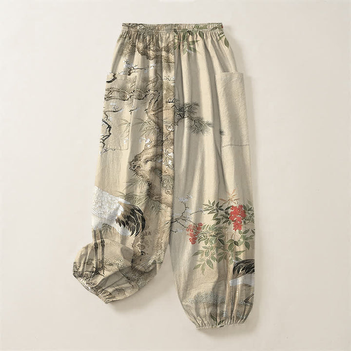Buddha Stones Cotton Oriental Crane Pine Blossom Pattern Women's Elastic Waist Harem Pants With Side Pockets - image 11