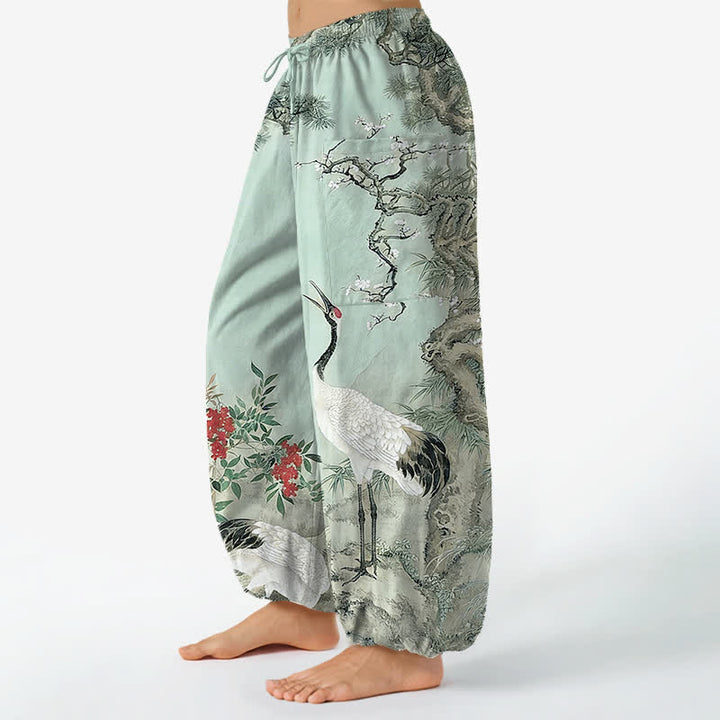 Buddha Stones Cotton Oriental Crane Pine Blossom Pattern Women's Elastic Waist Harem Pants With Side Pockets - image 13