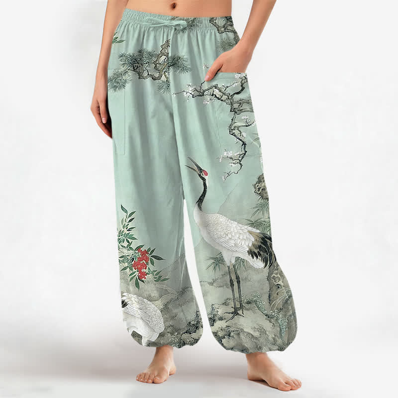 Buddha Stones Cotton Oriental Crane Pine Blossom Pattern Women's Elastic Waist Harem Pants With Side Pockets - PaleTurquoise - US16，UK/AU20，EU48 (3XL) - image 12