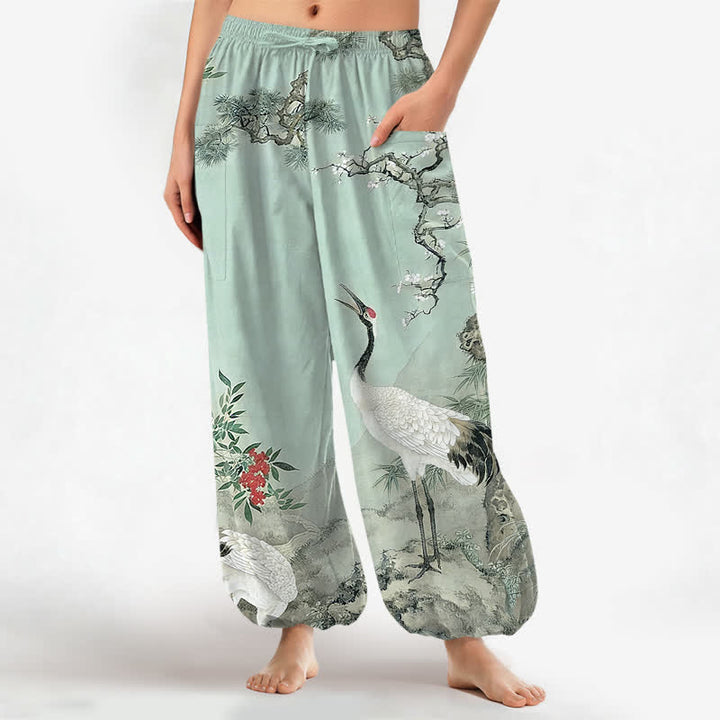 Buddha Stones Cotton Oriental Crane Pine Blossom Pattern Women's Elastic Waist Harem Pants With Side Pockets - PaleTurquoise - US16，UK/AU20，EU48 (3XL) - image 12
