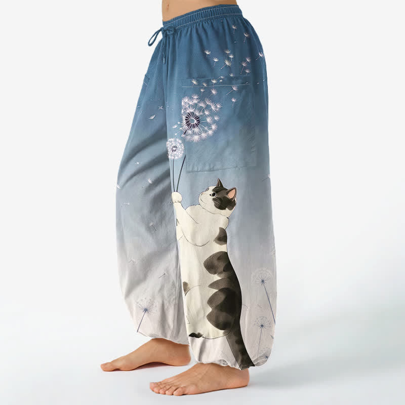 Buddha Stones Cotton Dreamy Cow Cat Dandelion Pattern Women's Elastic Waist Harem Pants With Side Pockets - image 1