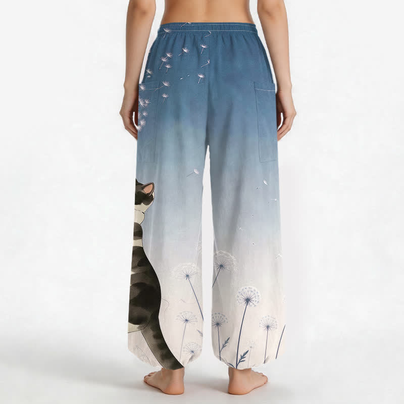 Buddha Stones Cotton Dreamy Cow Cat Dandelion Pattern Women's Elastic Waist Harem Pants With Side Pockets - image 2