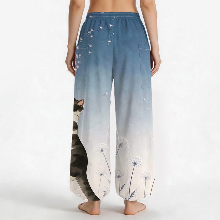 Buddha Stones Cotton Dreamy Cow Cat Dandelion Pattern Women's Elastic Waist Harem Pants With Side Pockets - image 2