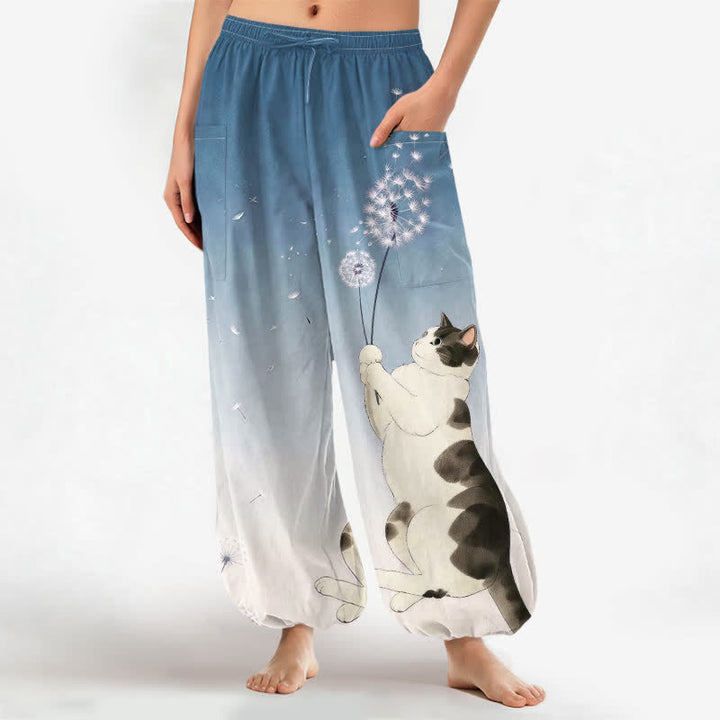 Buddha Stones Cotton Dreamy Cow Cat Dandelion Pattern Women's Elastic Waist Harem Pants With Side Pockets - SteelBlue - US16，UK/AU20，EU48 (3XL) - image 0