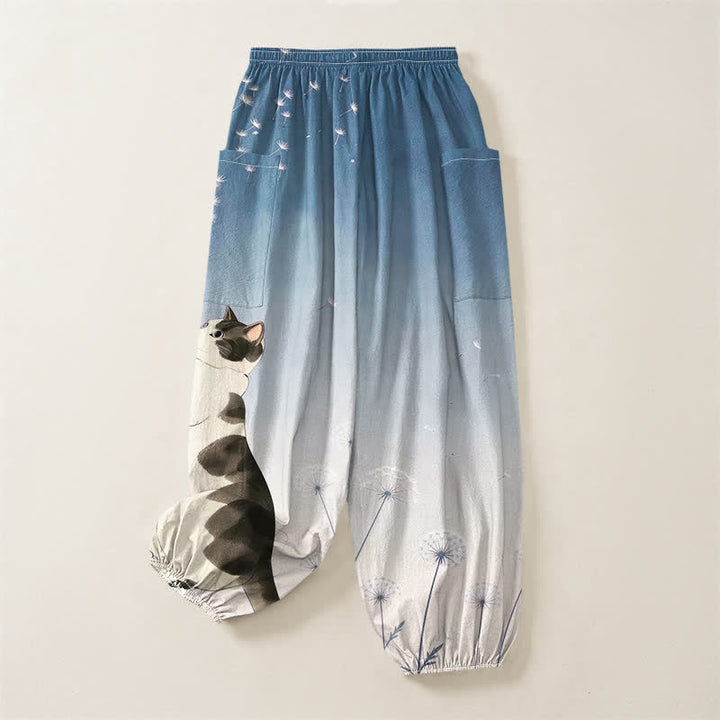 Buddha Stones Cotton Dreamy Cow Cat Dandelion Pattern Women's Elastic Waist Harem Pants With Side Pockets - image 4